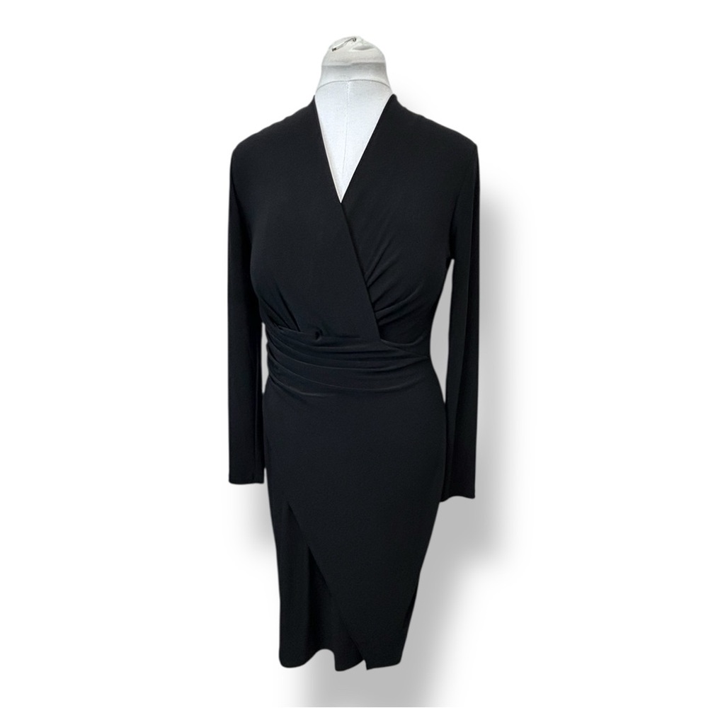 Donna Karan Women’s Long-Sleeve Surplice Faux Wrap Midi Dress LBD Black 10